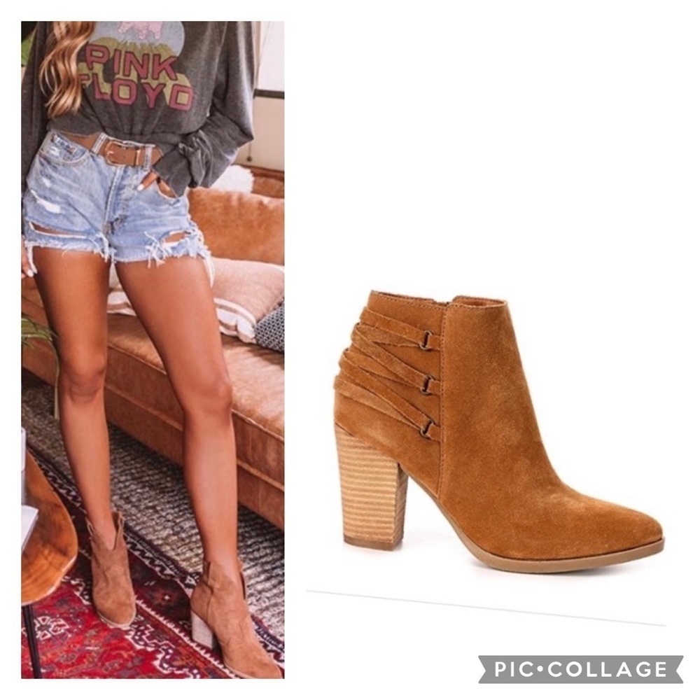 Nichael Shannon Cognac Suede Ankle Boots Coastal Cowgirl Style, Block Heel 8.5